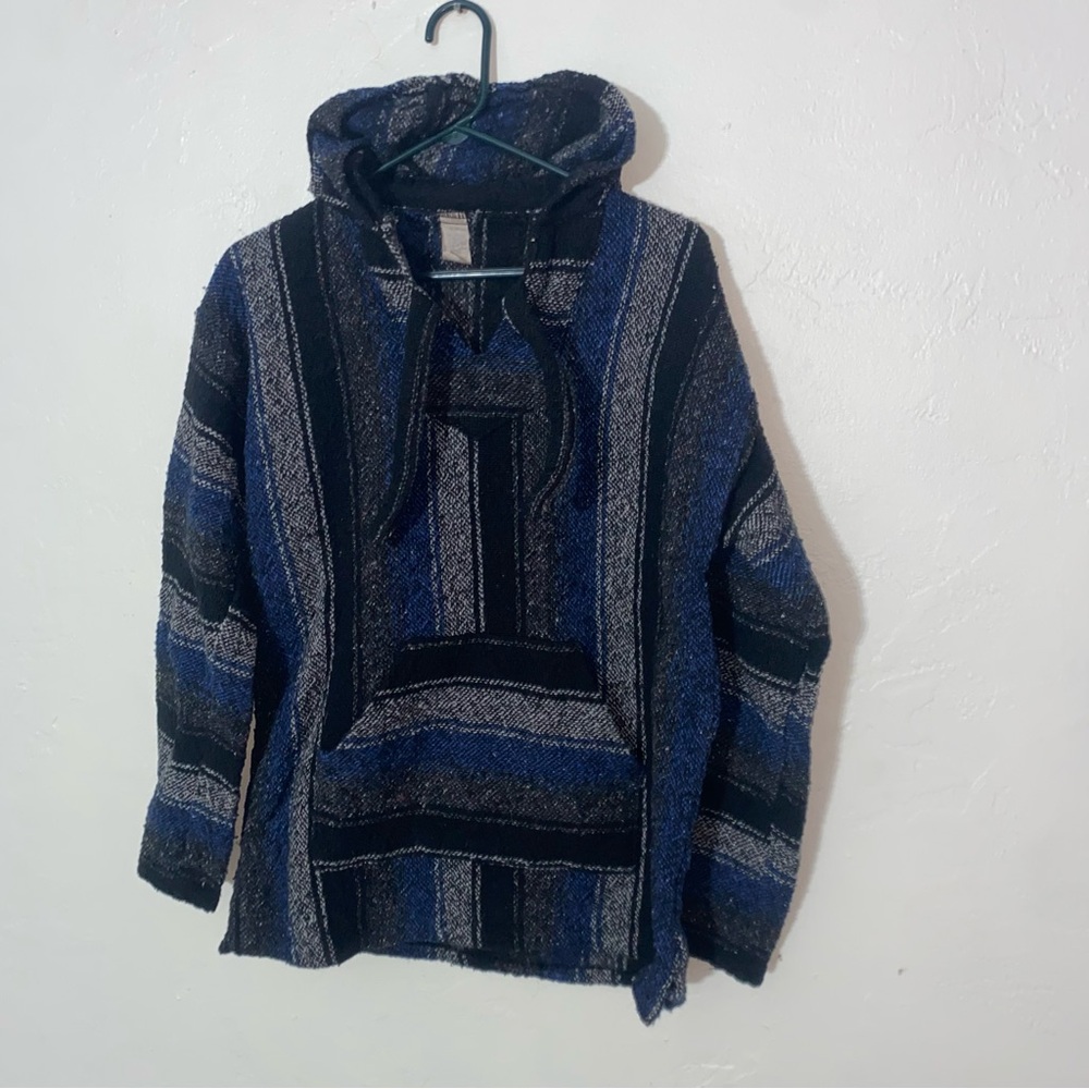 striped Mexican Baja poncho hoodie blue, black, gray hooded jacket with pocket